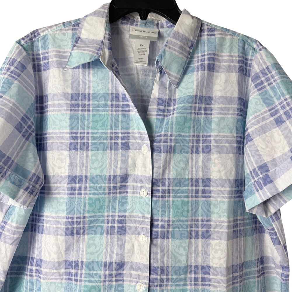 Alfred Dunner Button Down Cotton Blend Women PXL Blue Plaid Damask Short Sleeve